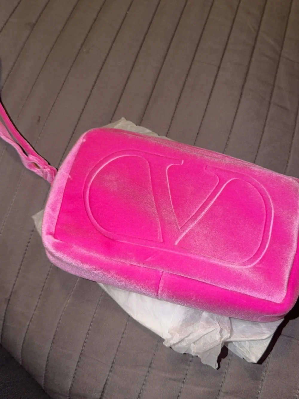 Valentino Hot Pink Velvet Wristlet Clutch with Embossed V Logo